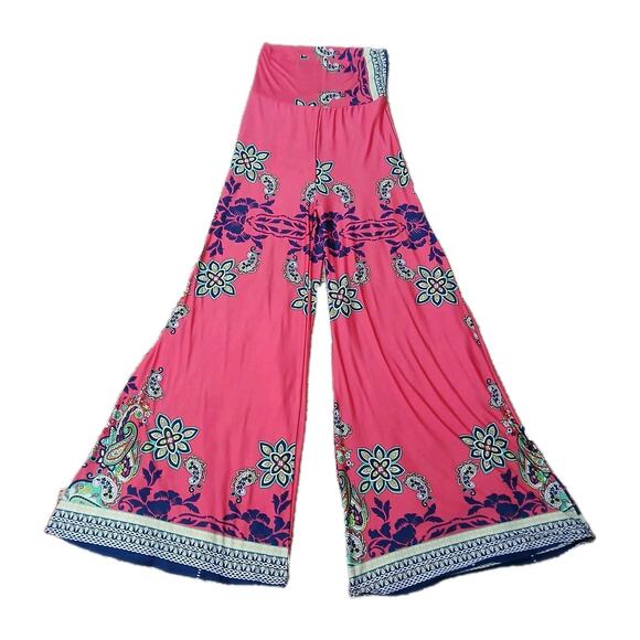 Boho Wide Leg Palazzo Pants M Pink Paisley Floral Print High Waist Stretchy - Picture 1 of 7